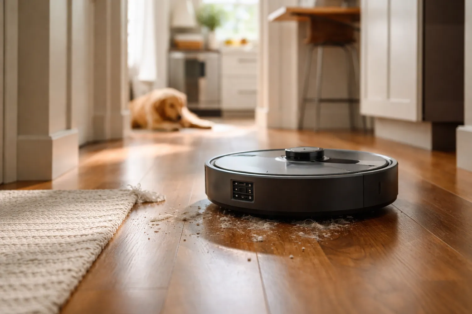 Aspirator robot folosit pentru curățenie zilnică într-o locuință unde se adună păr de animale Aspirator robot folosit pentru curățenie zilnică într-o locuință unde se adună păr de animale