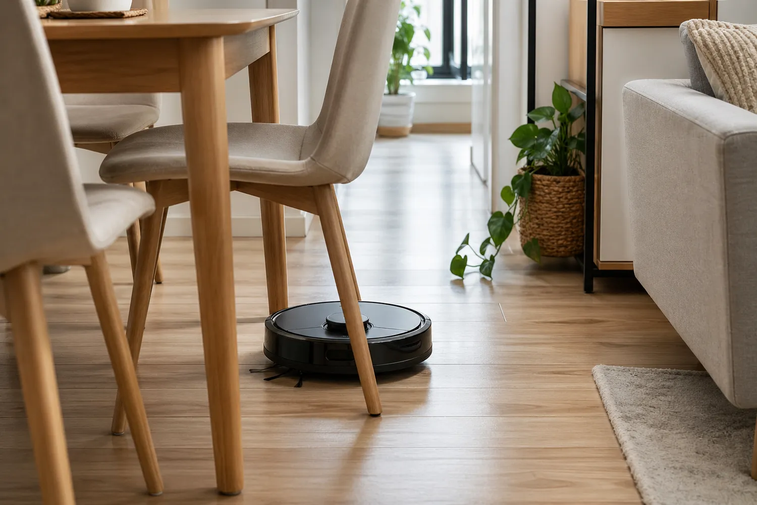 Aspirator robot navigând printre mobilier într-un apartament mic