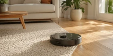 Aspirator robot pe covor în living