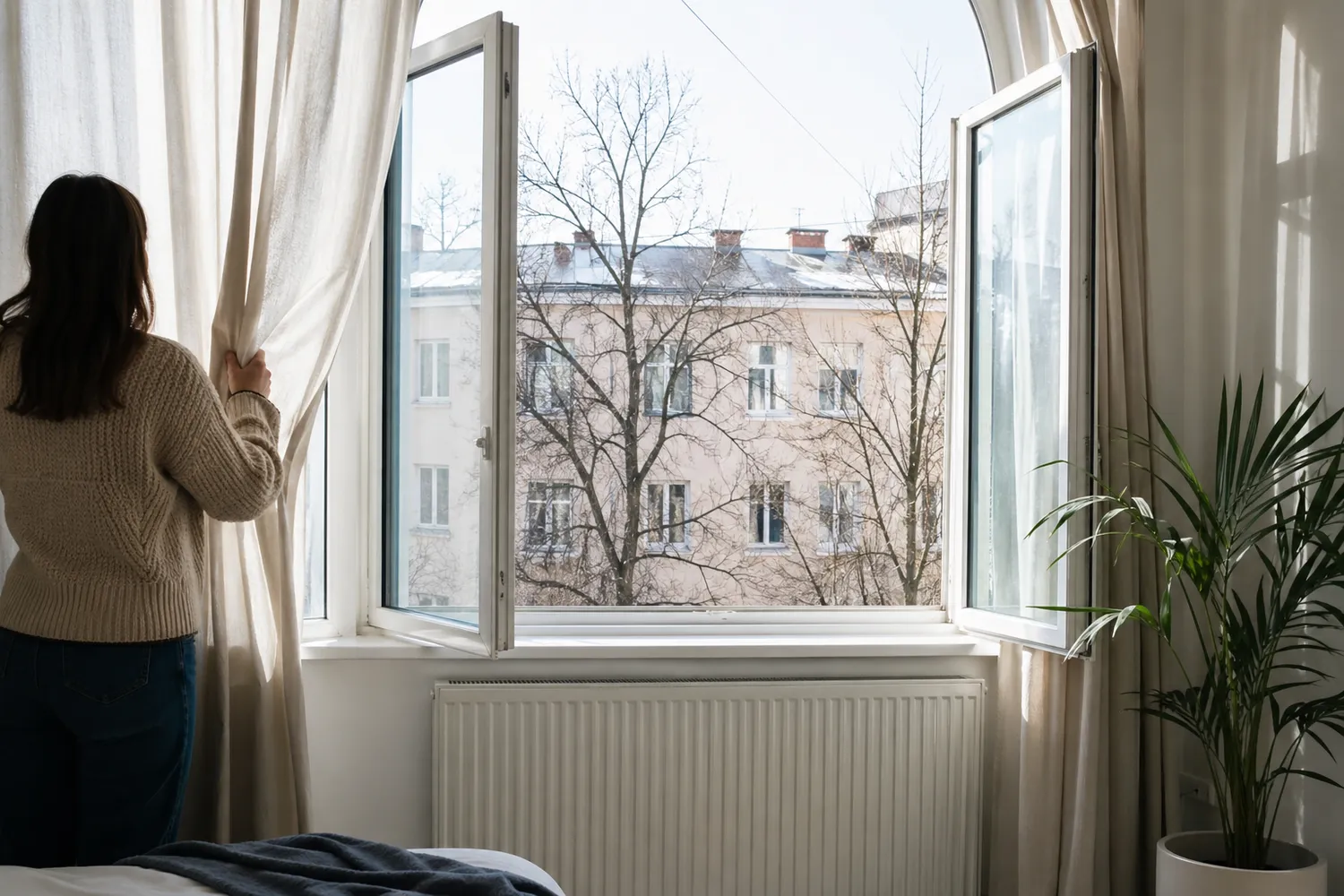 Cameră aerisită corect iarna pentru reducerea condensului de pe geamuri