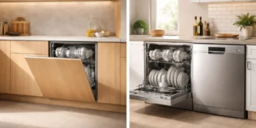 Comparație vizuală între o mașină de spălat vase incorporabilă și una standard