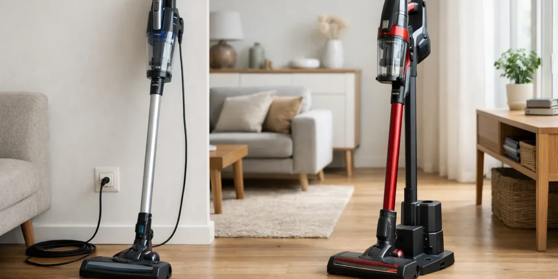 Comparație vizuală între un aspirator vertical cu fir și unul fără fir