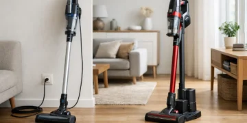 Comparație vizuală între un aspirator vertical cu fir și unul fără fir
