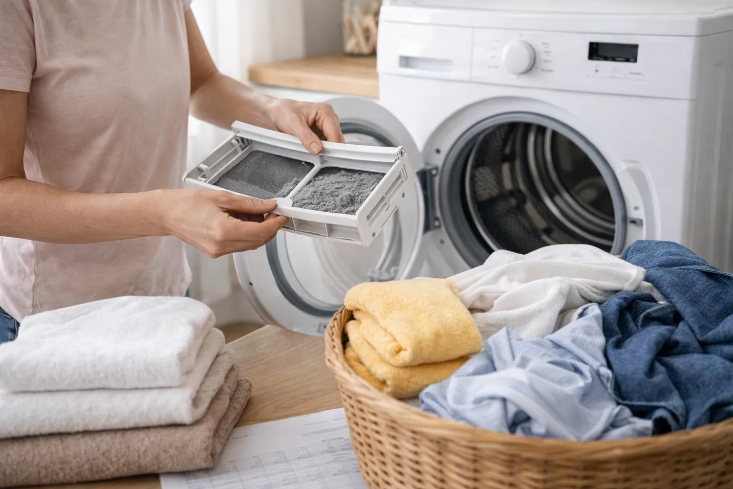 Curățarea filtrului unui uscător de rufe și sortarea hainelor pentru un consum mai eficient Curățarea filtrului unui uscător de rufe și sortarea hainelor pentru un consum mai eficient