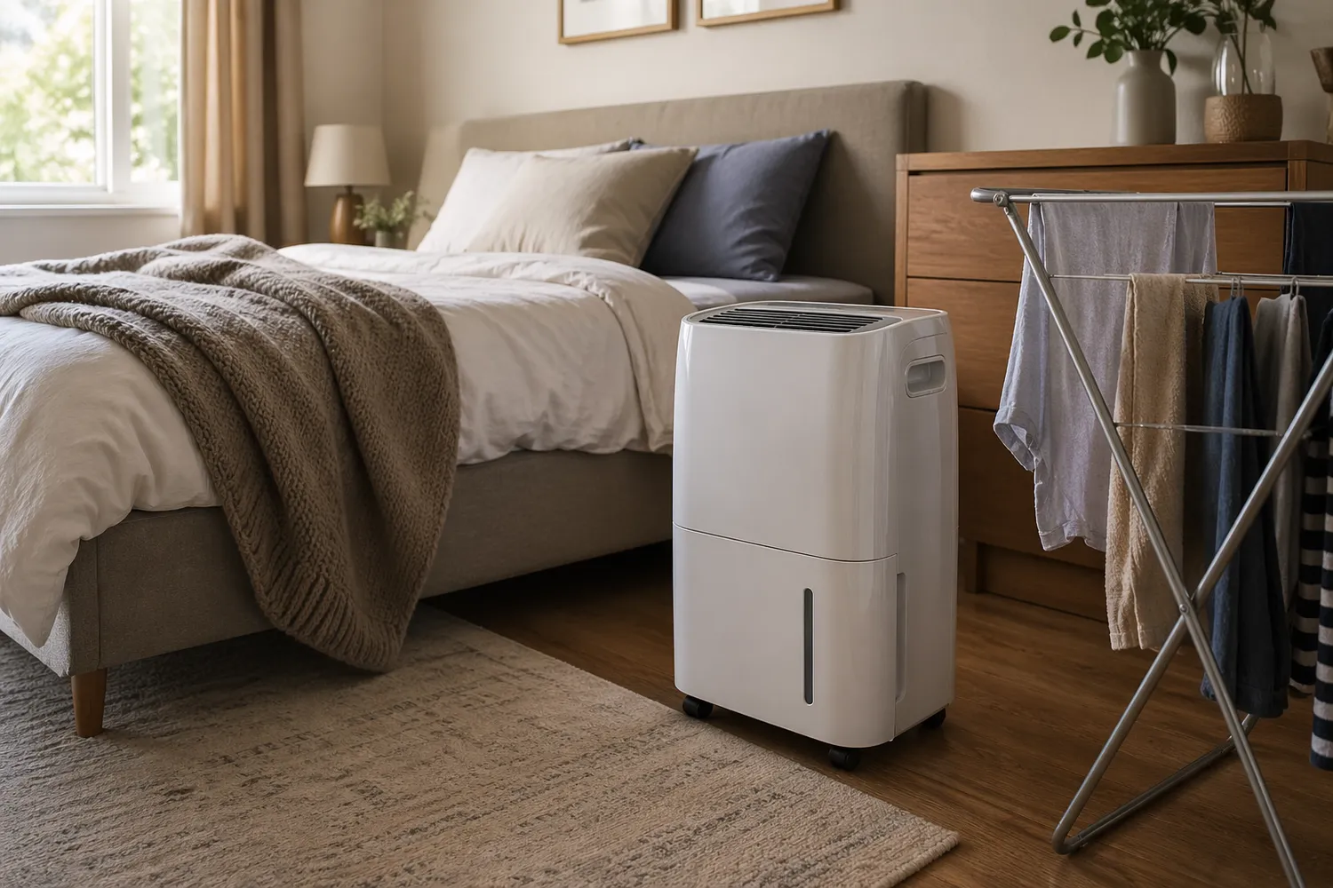Dezumidificator pentru mucegai folosit într-un dormitor cu aerisire slabă și umiditate crescută