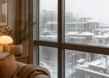 Fereastră de apartament cu condens pe geamuri iarna