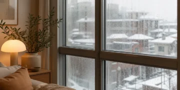Fereastră de apartament cu condens pe geamuri iarna