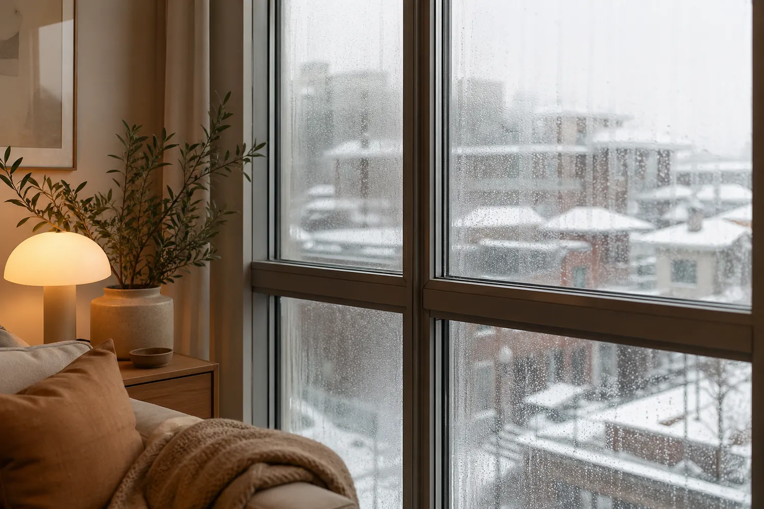 Fereastră de apartament cu condens pe geamuri iarna