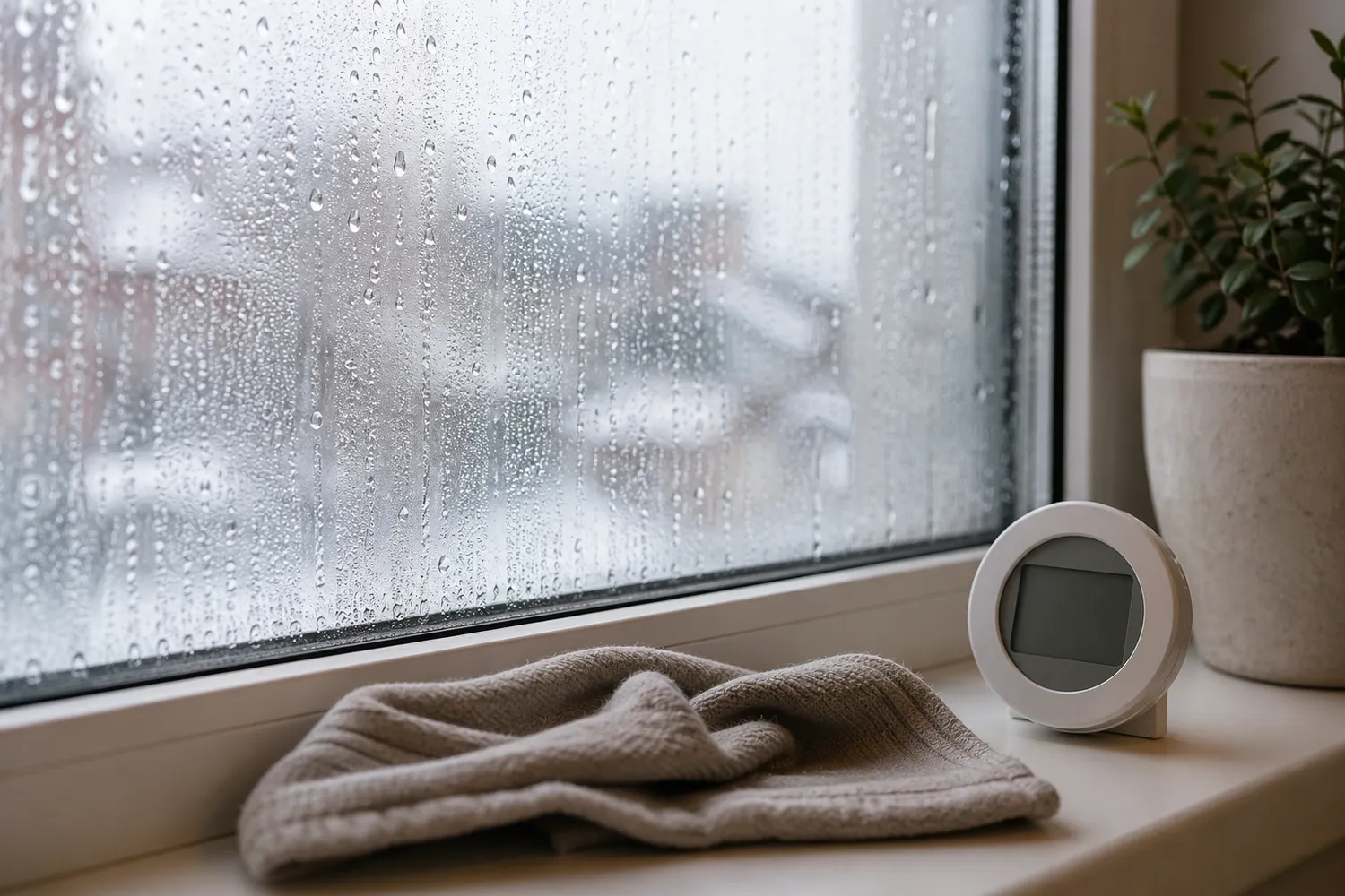 Picături de condens pe un geam rece