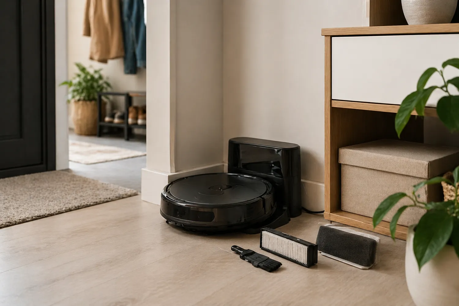 Stație de încărcare pentru aspirator robot într-un apartament mic