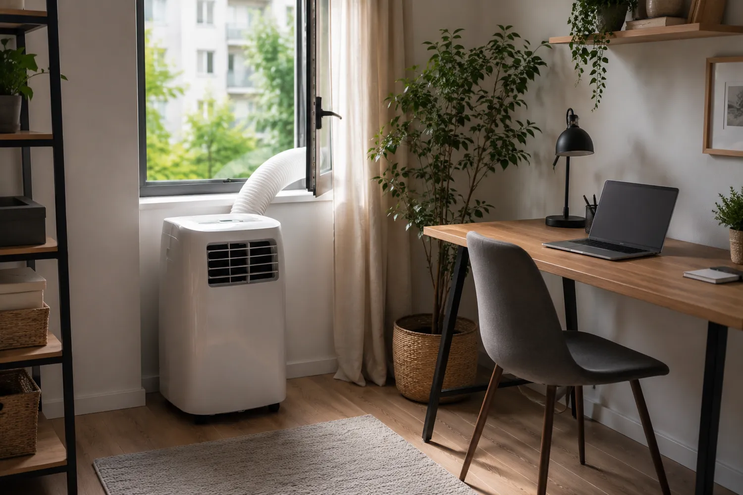 Aer condiționat portabil pentru apartament mic folosit într-un colț de birou compact Aer condiționat portabil pentru apartament mic folosit într-un colț de birou compact