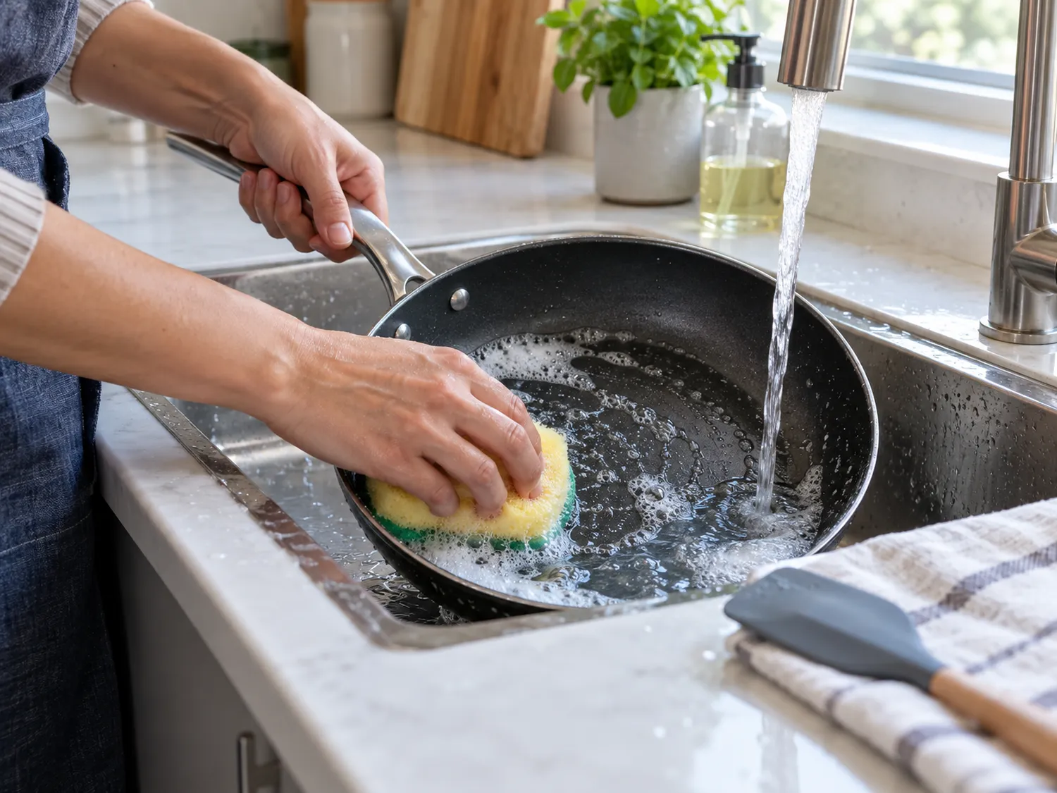 Curățarea corectă a unei tigăi antiaderente Curățarea manuală a unei tigăi antiaderente cu burete moale