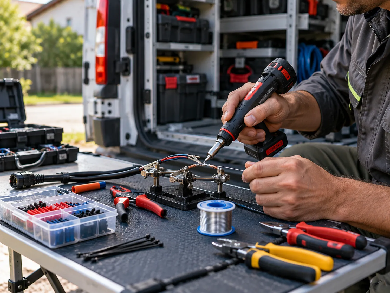 Letcon cu acumulator pentru reparații electrice mobile Utilizarea unui letcon fără fir cu acumulator pentru repararea unui cablu de joasă tensiune pe o masă de service mobilă
