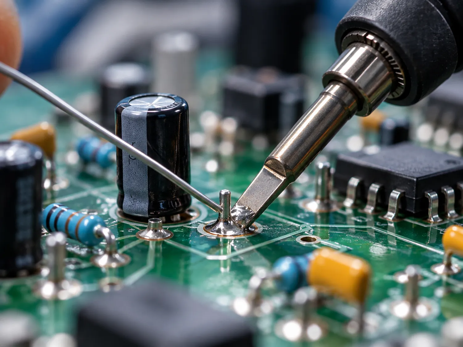 Letcon cu vârf de precizie pentru lipirea componentelor electronice Letcon cu vârf tip daltă utilizat pentru lipirea unei componente pe o placă electronică PCB