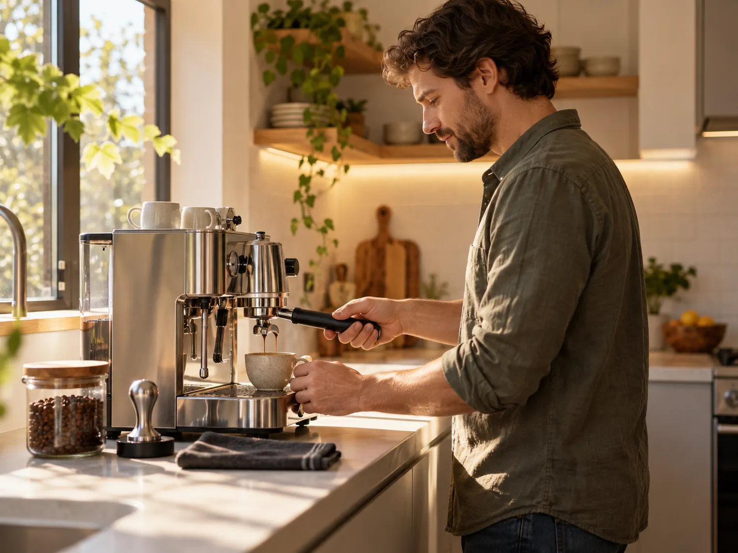 Persoană preparând cafeaua de dimineață la un espressor manual Persoană preparând cafeaua de dimineață la un espressor manual