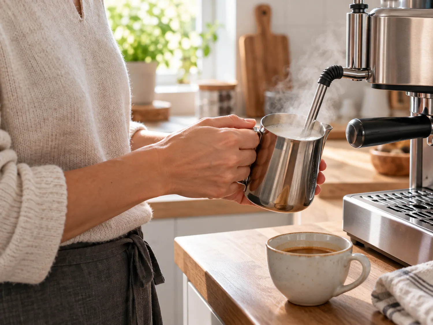 Spumarea laptelui cu duza de abur a unui espressor manual Spumarea laptelui cu duza de abur a unui espressor manual