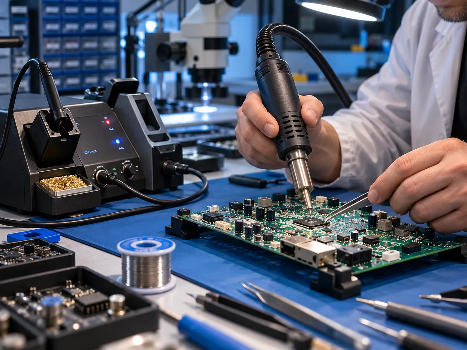 Stație de lipit multifuncțională cu aer cald pentru reparații SMD Tehnician care utilizează o stație de lipit cu aer cald pentru repararea componentelor SMD pe o placă electronică