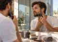 Bărbat care își conturează barba cu un aparat de tuns într-o baie modernă