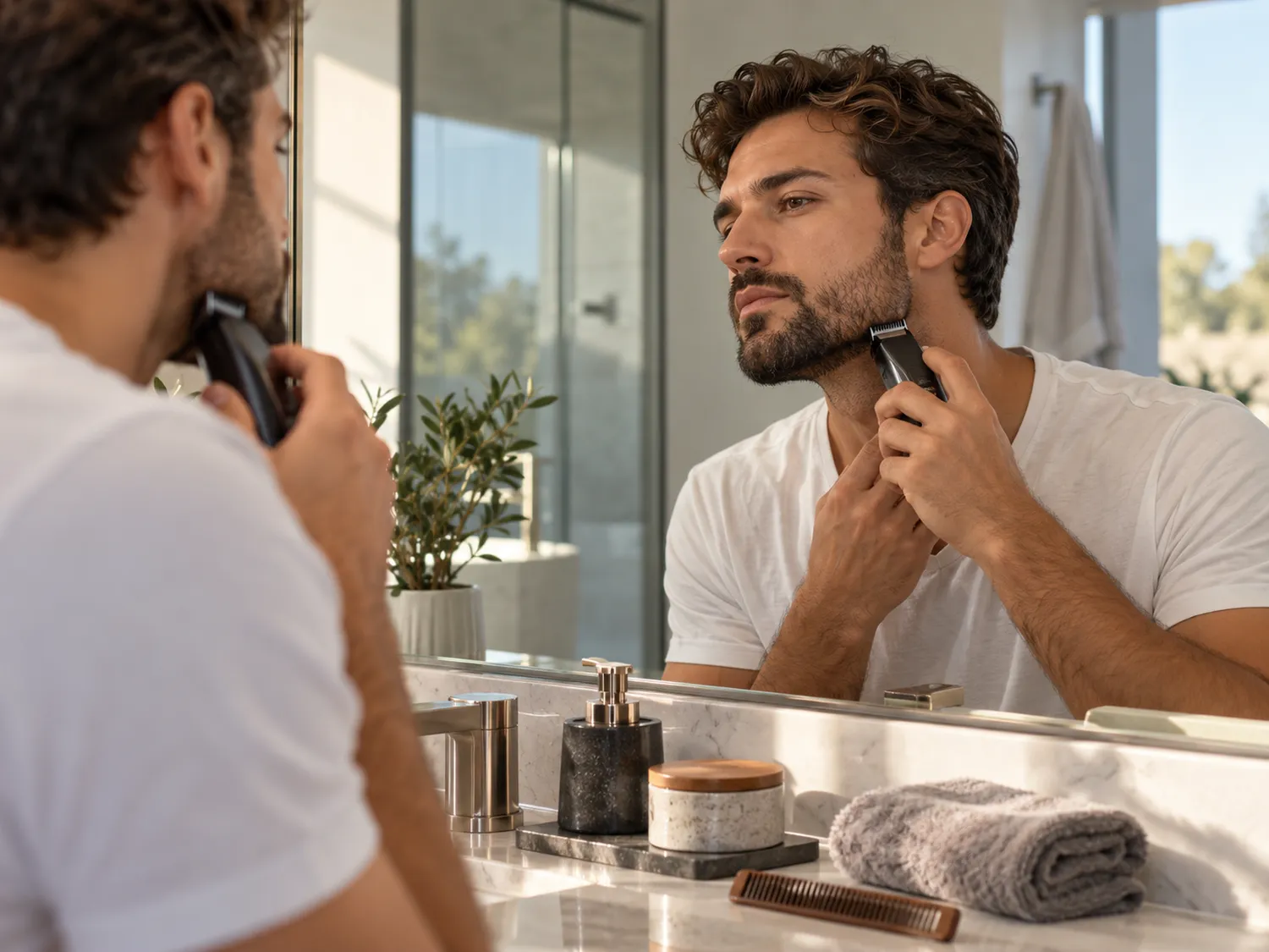 Bărbat care își conturează barba cu un aparat de tuns într-o baie modernă