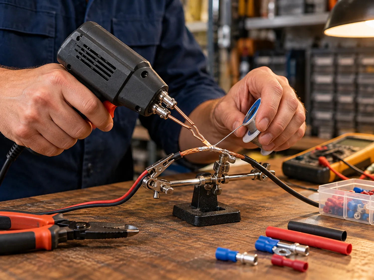 Utilizarea pistolului de lipit cu fludor pentru fire și conectori electrici Utilizarea unui pistol de lipit cu fludor pentru lipirea a două conductoare electrice de joasă tensiune într-un atelier